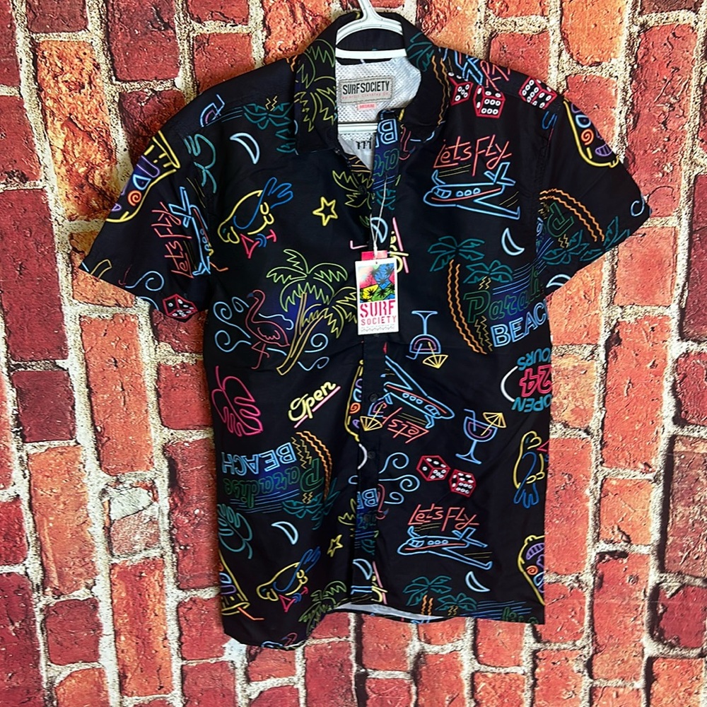 Surf Society Men's medium Neon Print Button-Up Hawaiian Shirt new with tags